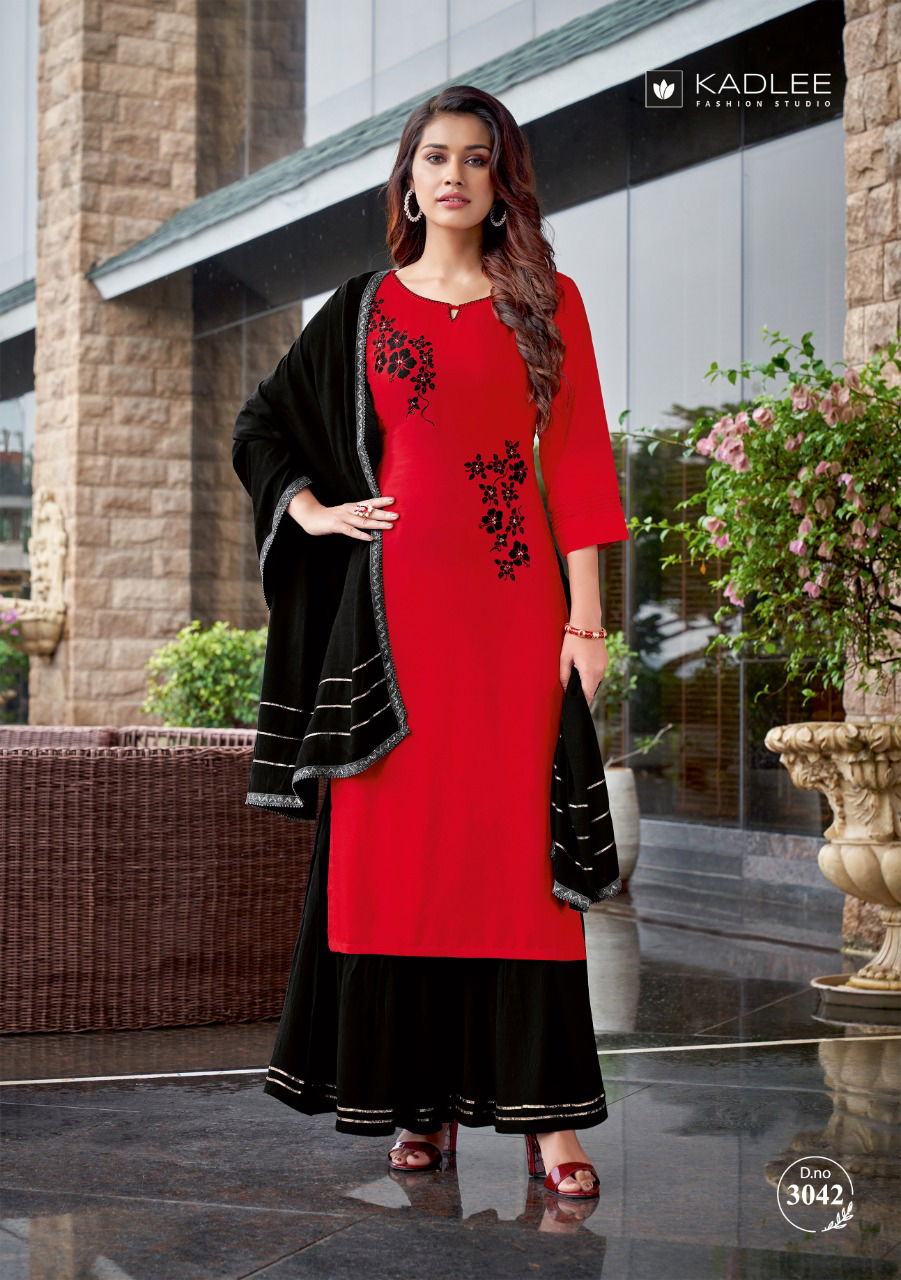Kadlee Belliza Fancy Festive Wear Rayon Kurti With Sharara And Dupatta Collection